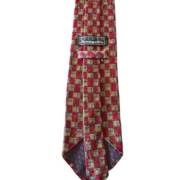 Fumagalli ITALY 100% Silk Tie Red Gold Geometric Check Sartorial Luxury - Picture 15 of 16